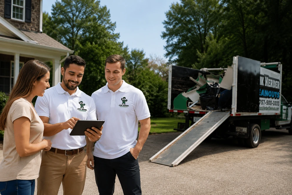 Junk Herder Cleanouts professionals talking to a happy customer